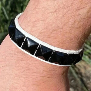 White Leather Punk Goth Rock Studded Metal Stud Snap Chain Cuff Bracets